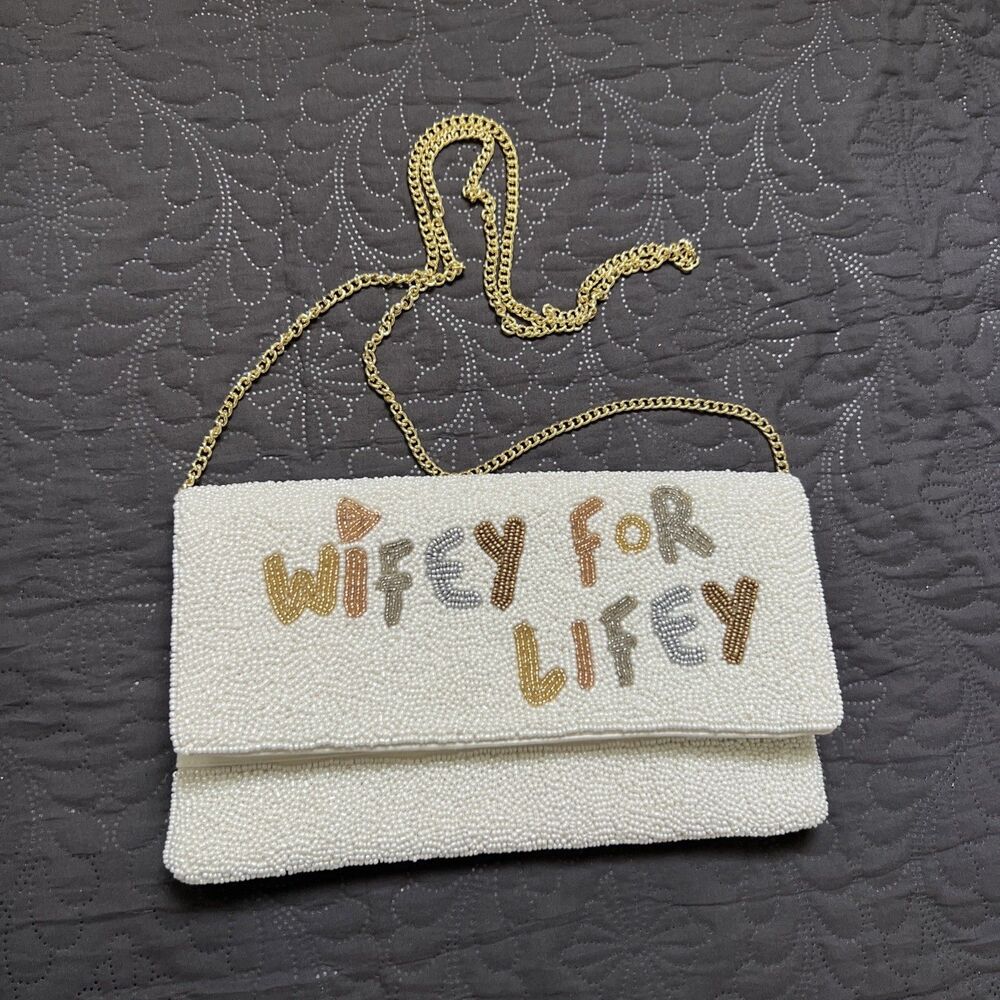 WIFEY FOR LIFEY Beaded Clutch, White Bridal Evening Bag Purse Bridal Gift NWOT